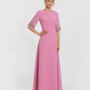 Pink Crepe A Line Gown With Beaded 3/4 Sleeves