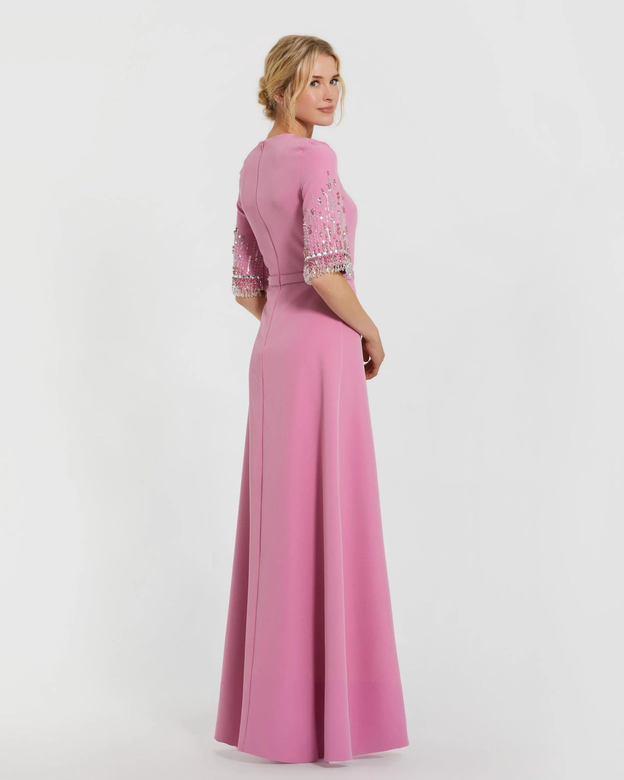 Pink Crepe A Line Gown With Beaded 3/4 Sleeves - Image 3