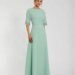 Green Crepe A Line Gown With Beaded 3/4 Sleeves