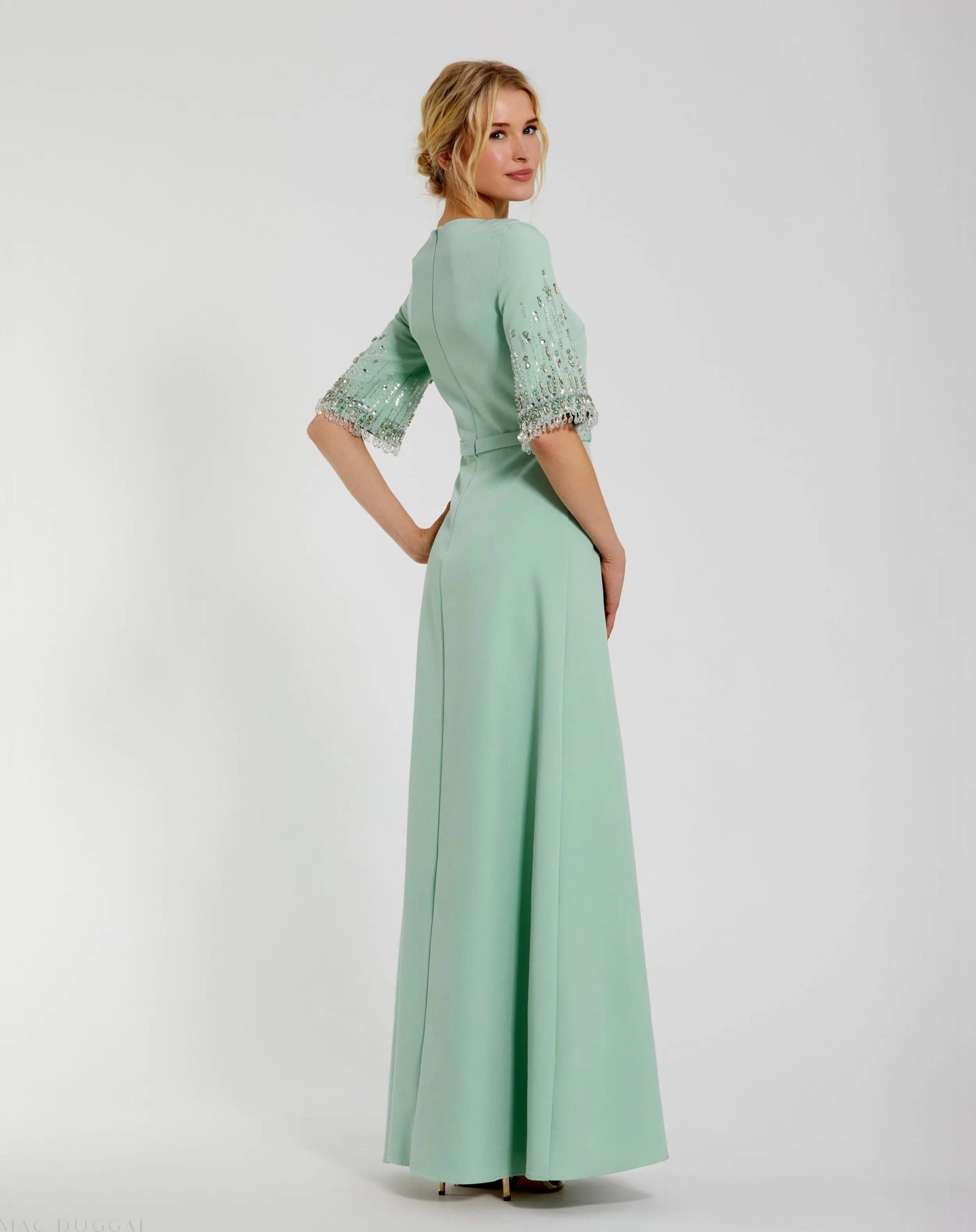 Green Crepe A Line Gown With Beaded 3/4 Sleeves - Image 3