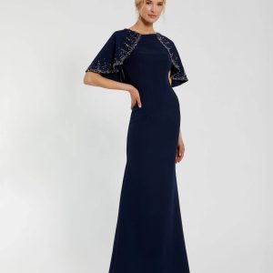 Navy Crepe High Neck Fitted Gown With Beaded Shawl