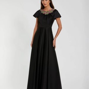 Black Satin Flutter Sleeve Gown With Neckline Beading