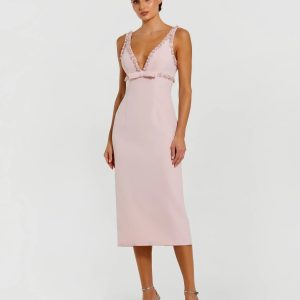 Pink Crepe Fitted Midi Dress With Bow And Beaded Trim