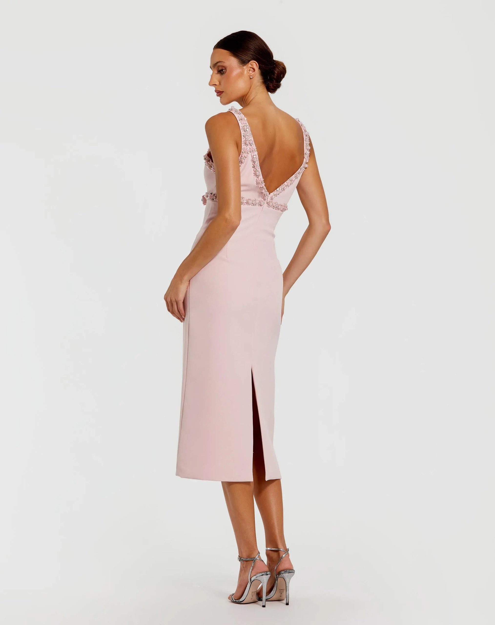 Pink Crepe Fitted Midi Dress With Bow And Beaded Trim - Image 3