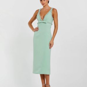 Green Crepe Fitted Midi Dress With Bow And Beaded Trim