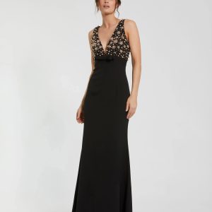 Black Sleeveless Embellished Crepe Gown With Bow