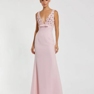 Pink Sleeveless Embellished Crepe Gown With Bow