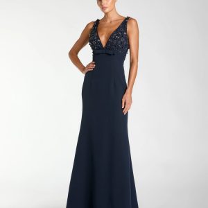 Navy Sleeveless Embellished Crepe Gown With Bow