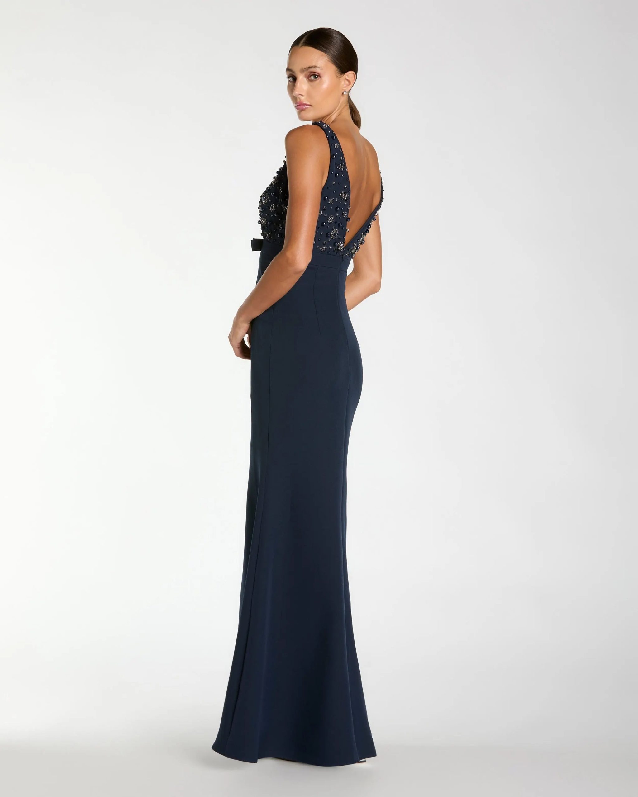 Navy Sleeveless Embellished Crepe Gown With Bow - Image 3