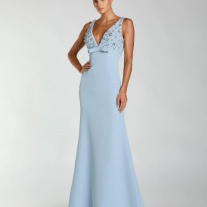 Blue Sleeveless Embellished Crepe Gown With Bow