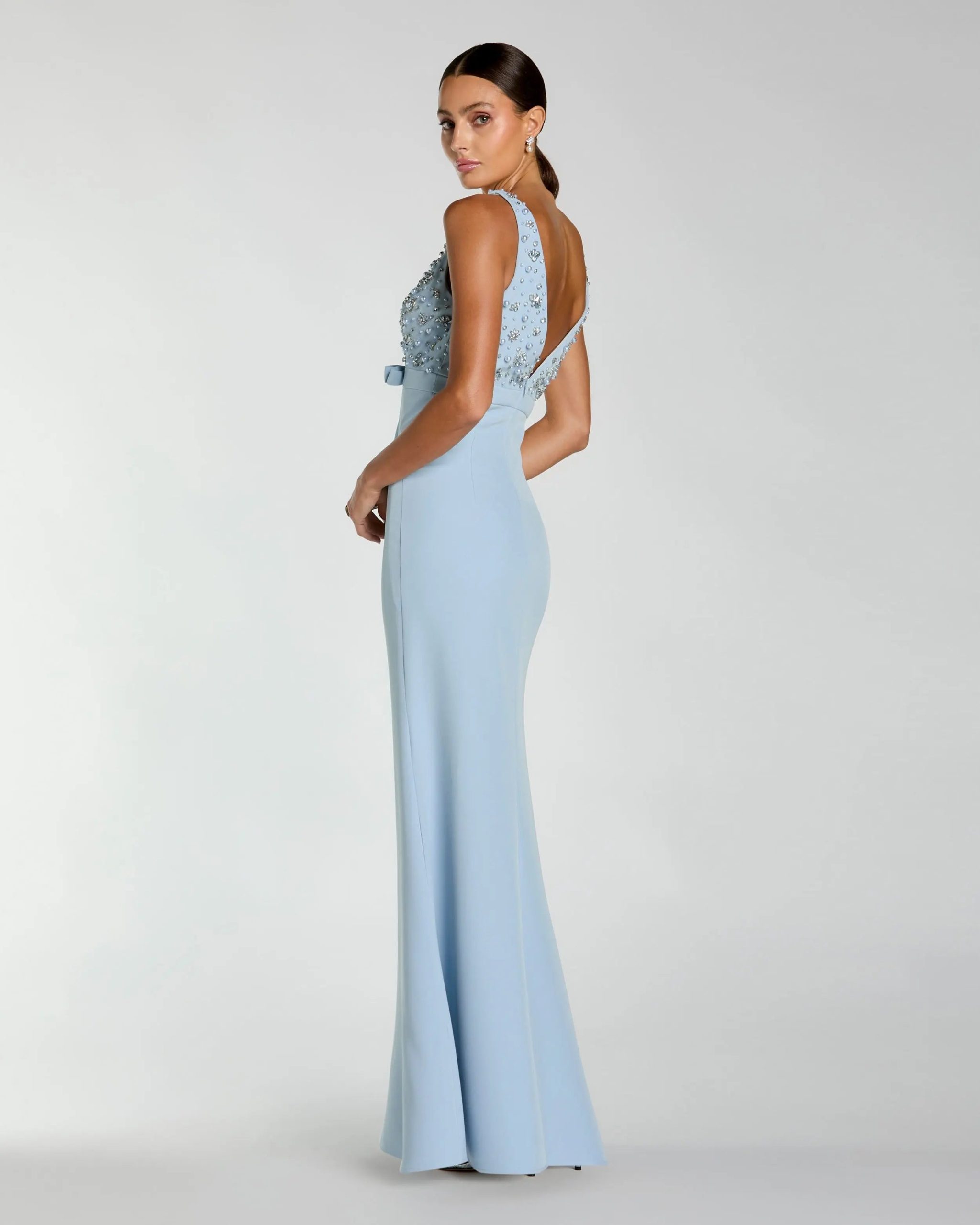 Blue Sleeveless Embellished Crepe Gown With Bow - Image 3