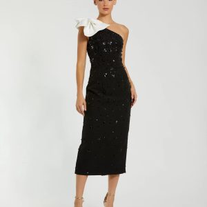 Black Crepe One Shoulder Beaded Midi Dress With Bow