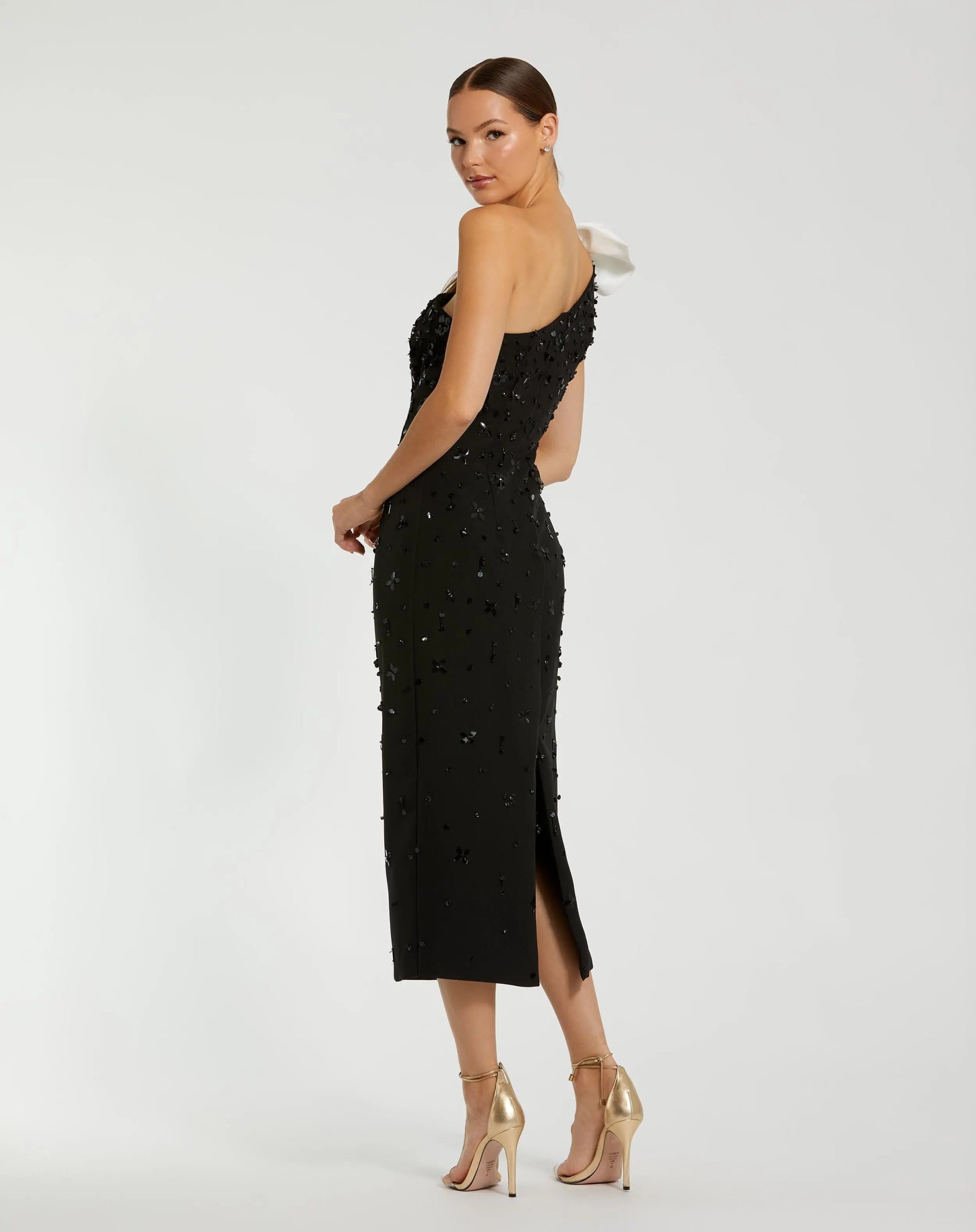 Black Crepe One Shoulder Beaded Midi Dress With Bow - Image 3