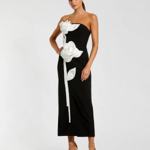 Black Strapless Crepe Dress With 3D Satin Flowers