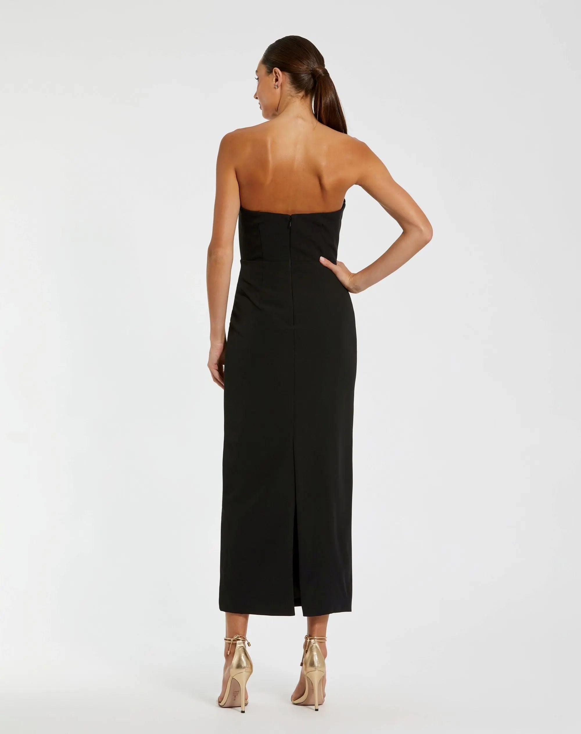 Black Strapless Crepe Dress With 3D Satin Flowers - Image 3