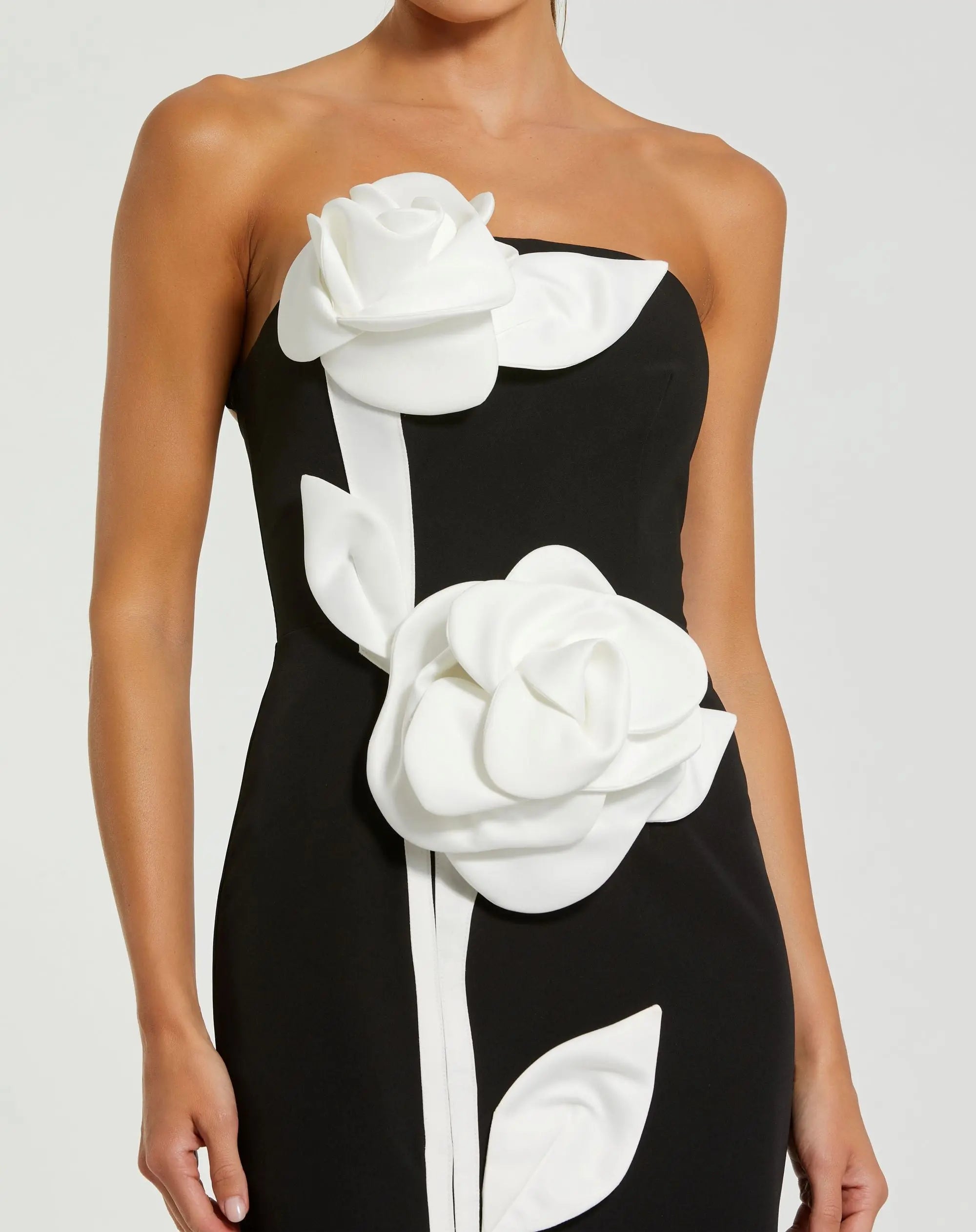 Black Strapless Crepe Dress With 3D Satin Flowers - Image 2