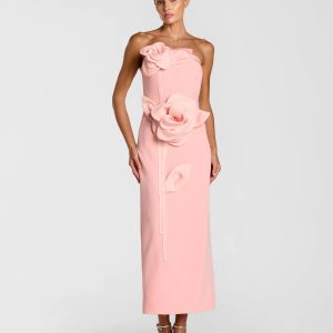 Pink Strapless Crepe Dress With 3D Satin Flowers