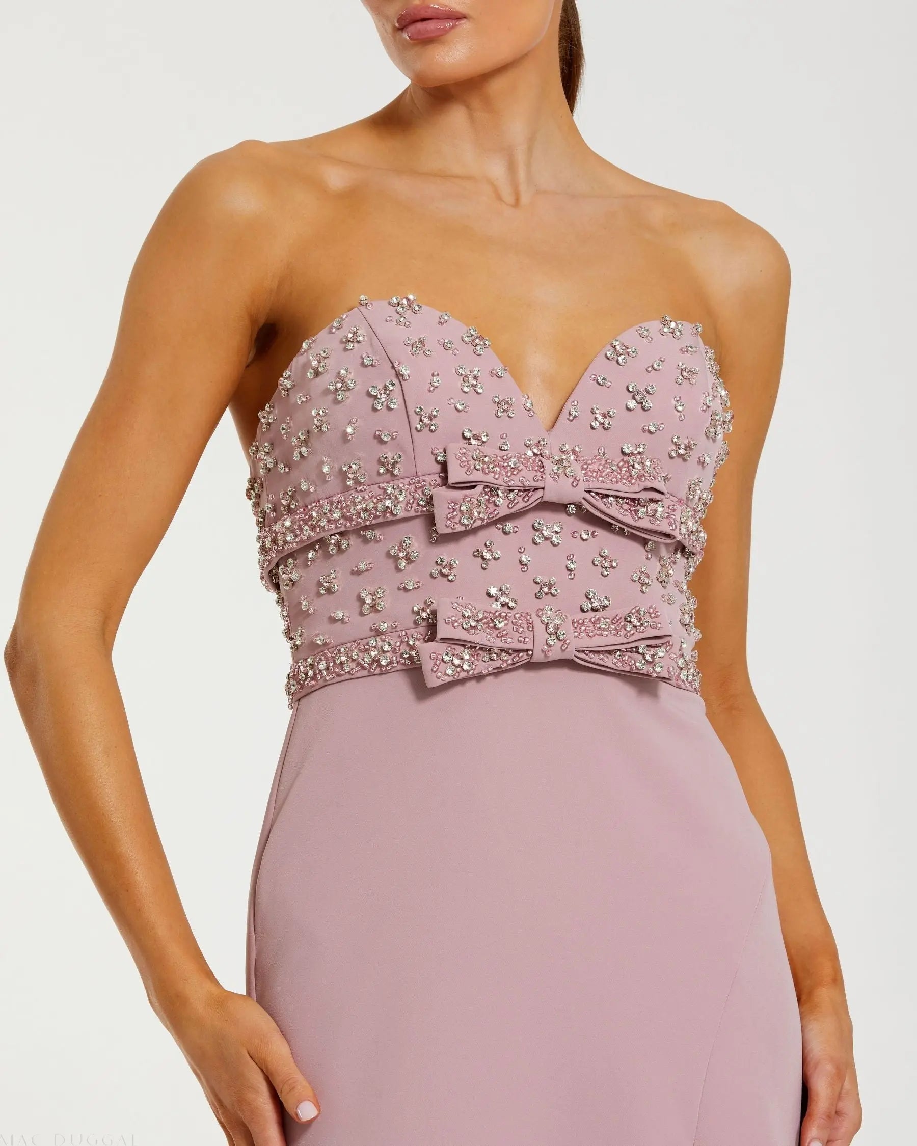 Pink Strapless Rhinestone Bodice Crepe Gown - Image 2