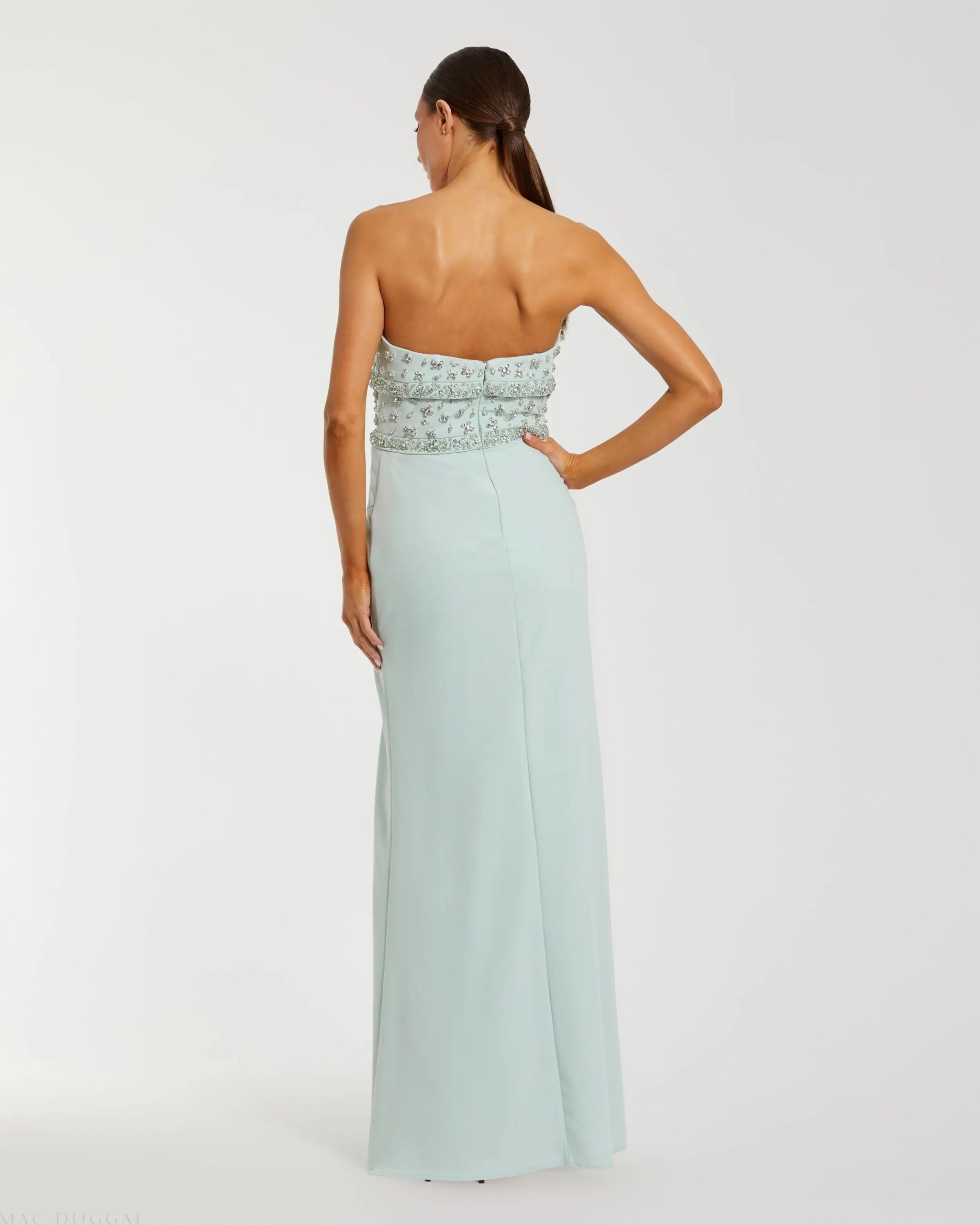 Green Strapless Rhinestone Bodice Crepe Gown - Image 3