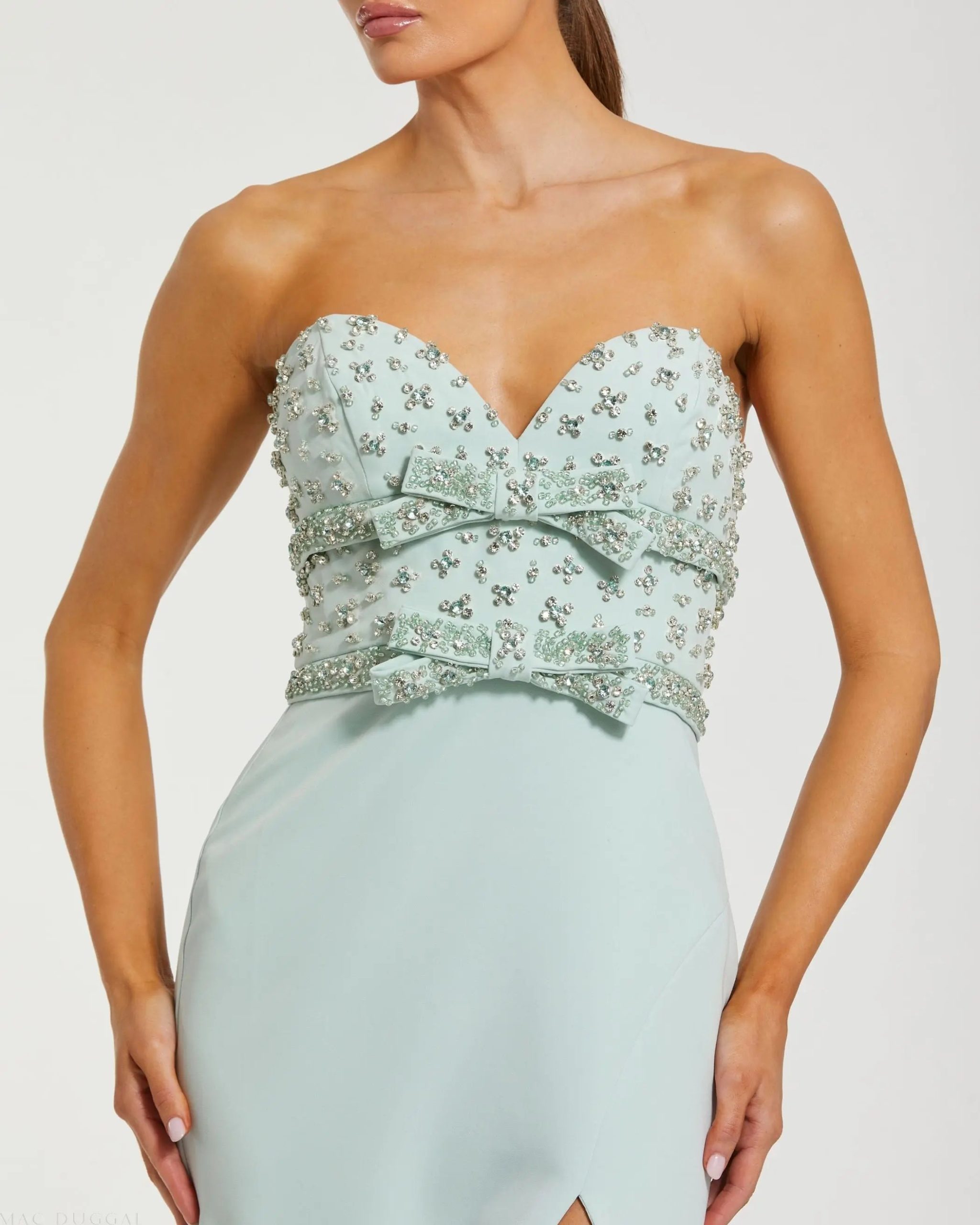 Green Strapless Rhinestone Bodice Crepe Gown - Image 2