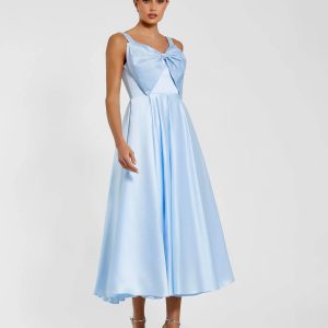 Blue Sleeveless Satin Midi Dress with Bow Detail
