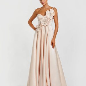 Light Pink Satin Bustier Ball Gown With 3D Flowers