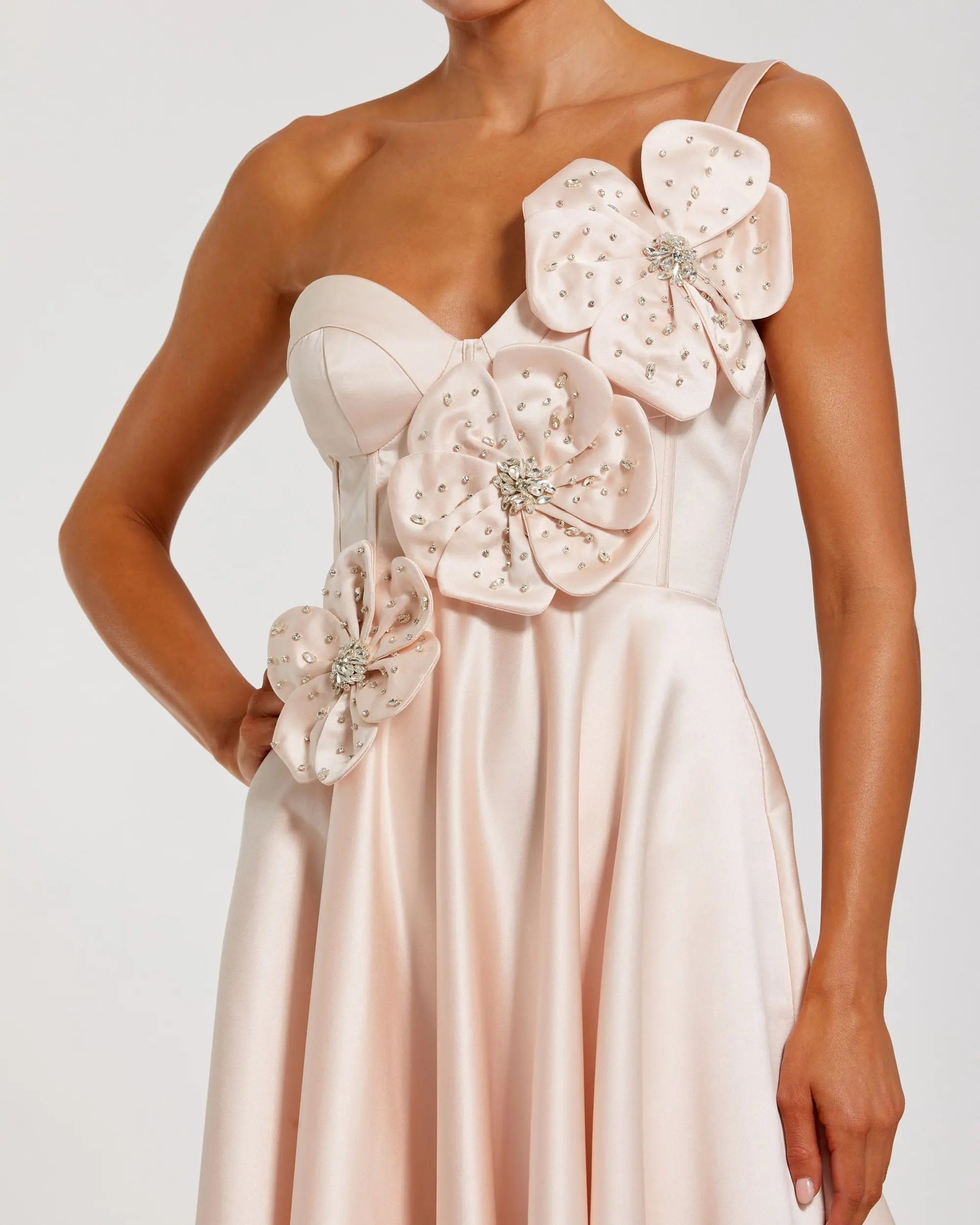 Light Pink Satin Bustier Ball Gown With 3D Flowers - Image 2