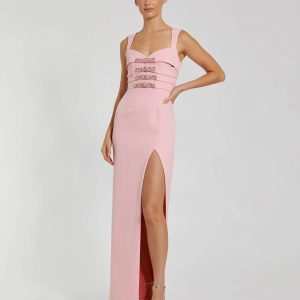 Pink Sleeveless Crepe Gown With Embellished Bows