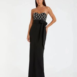 Black Strapless Embellished Crepe Gown With Bow