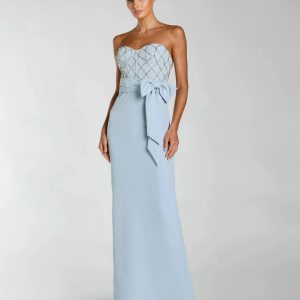 Blue Strapless Embellished Crepe Gown With Bow