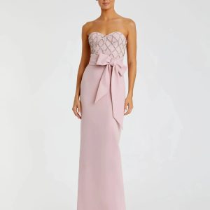 Pink Strapless Embellished Crepe Gown With Bow