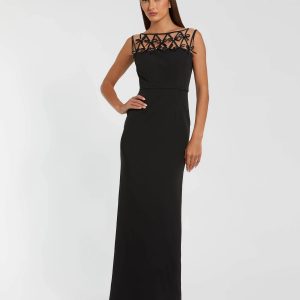 Black Sleeveless Crepe Gown With Embellished Bows