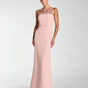 Pink Sleeveless Crepe Gown With Embellished Bows