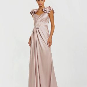 Pink Faux Wrap Satin Gown With 3D Flower Straps