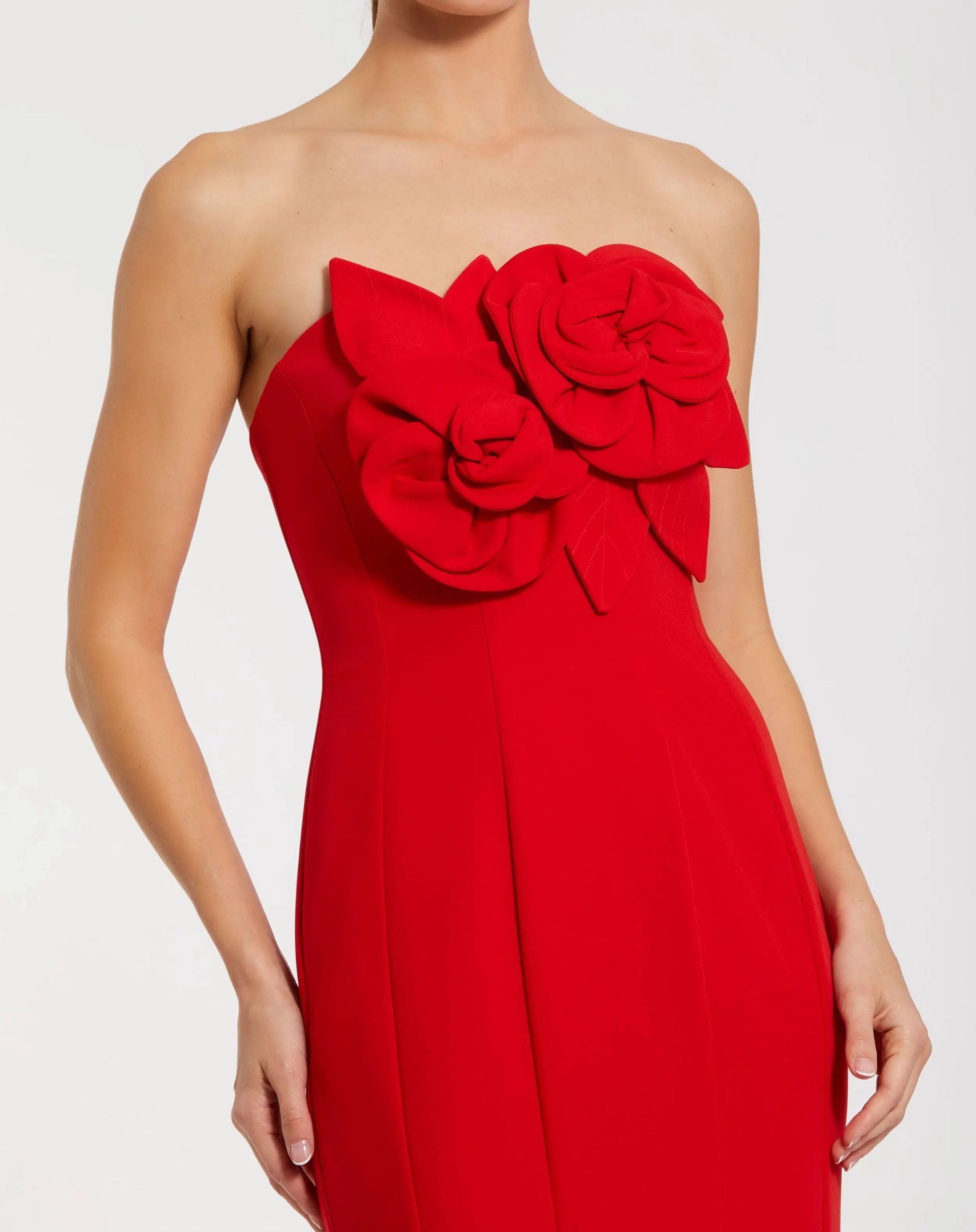 Red Strapless Mermaid Gown With 3D Flowers - Image 2