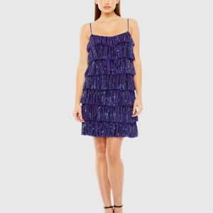 Blue Beaded Strap Sequin Ruffle Mini Dress - FINAL SALE
