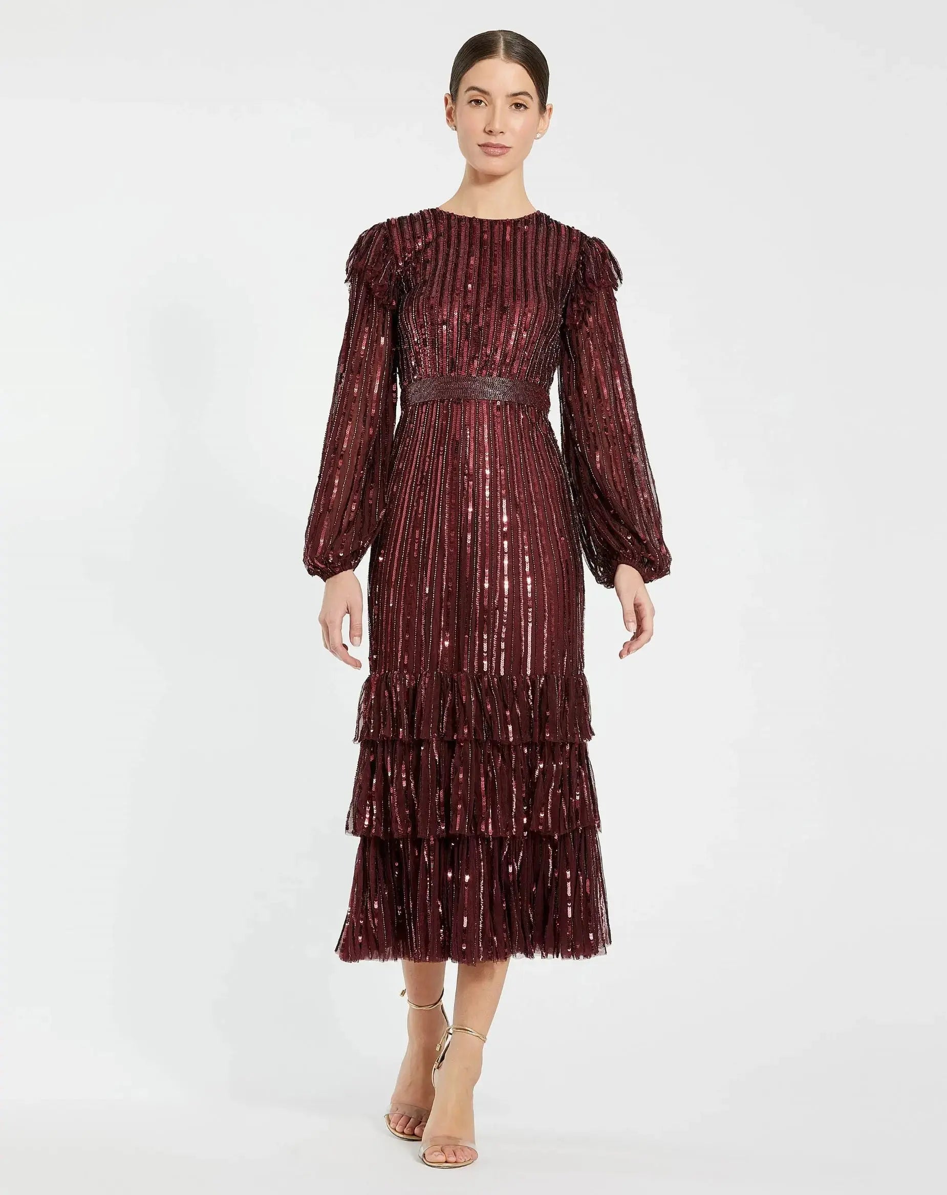 Long Sleeve Ruffle Detail Sequin Dress - Image 2