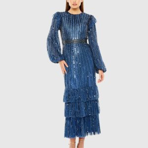 Long Sleeve Ruffle Detail Sequin Dress
