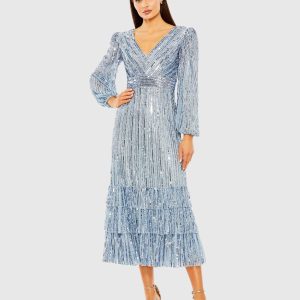 Blue A-Line V-Neck Sequin Ruffle Dress