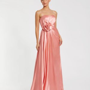Pink Strapless Satin Gown With 3D Flower