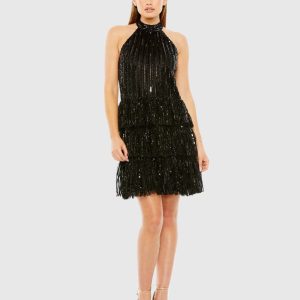 Black High Neck A-Line Ruffle Sequin Mini Dress - FINAL SALE