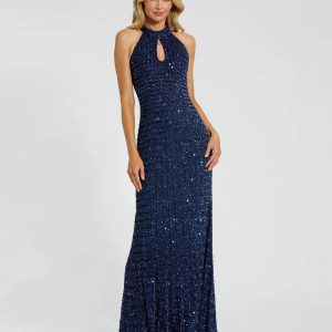 Navy Embellished Halter Neck Keyhole Gown