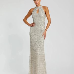 Silver Embellished Halter Neck Keyhole Gown