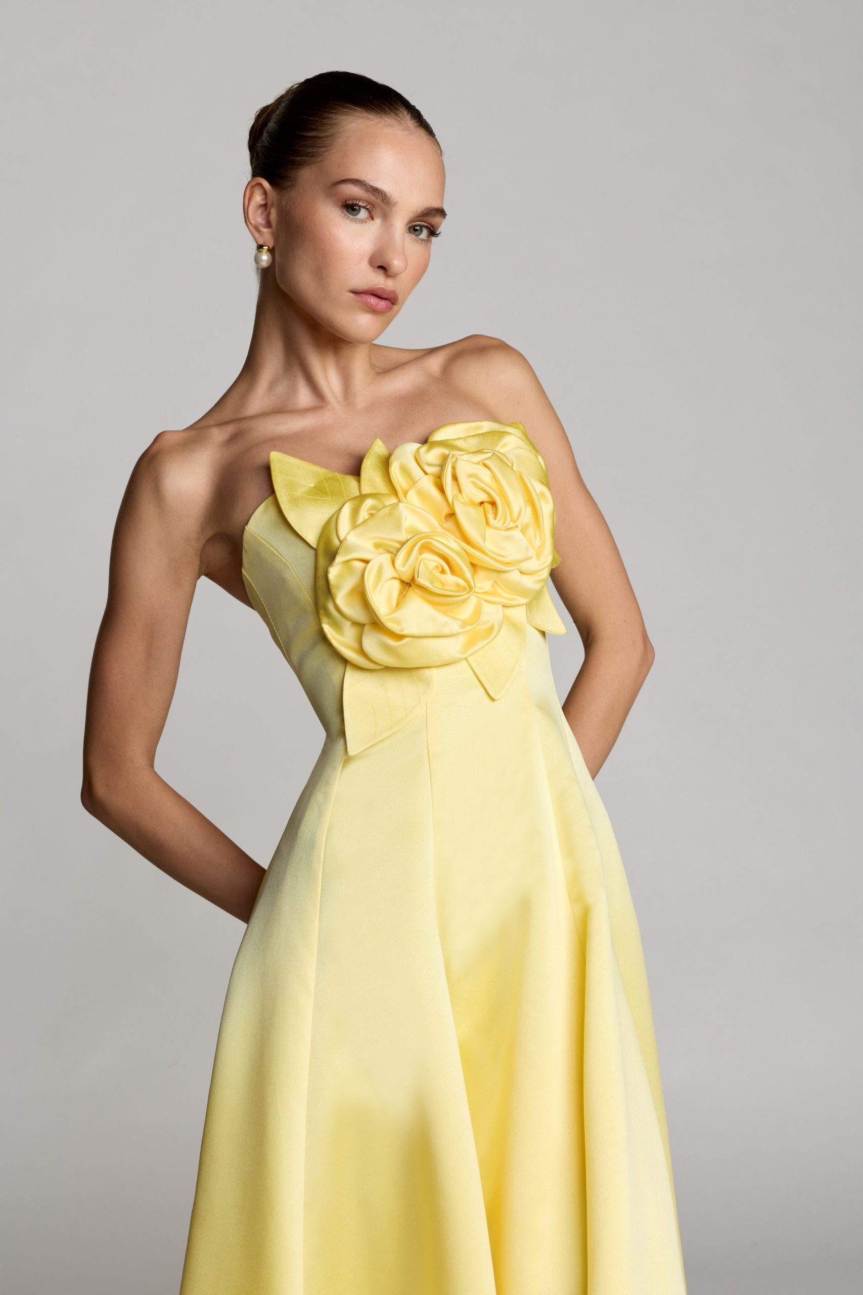 Yellow Strapless Satin High Low Gown With 3D Flowers - Image 4