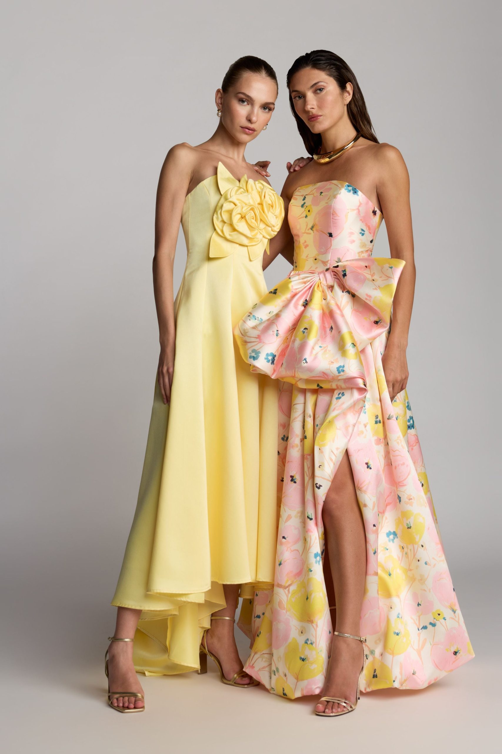 Yellow Strapless Satin High Low Gown With 3D Flowers - Image 5