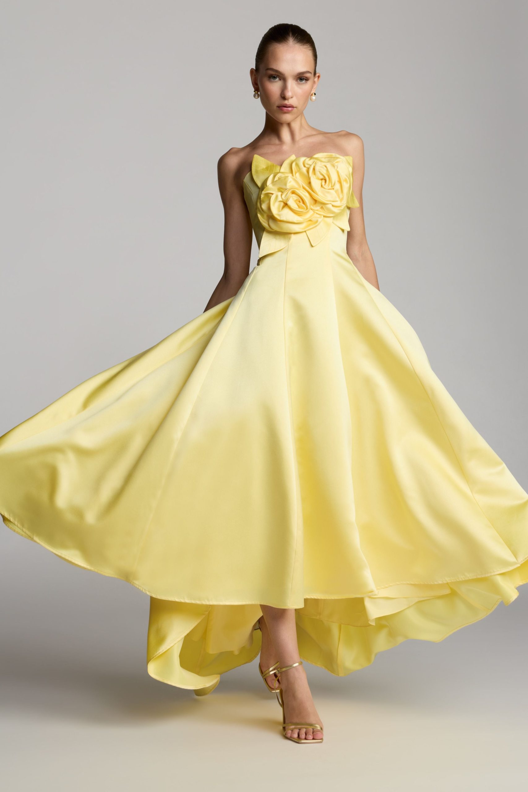 Yellow Strapless Satin High Low Gown With 3D Flowers - Image 6