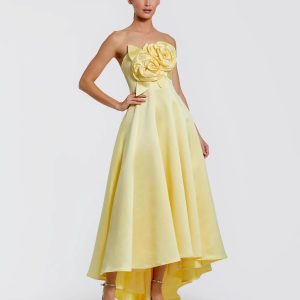 Yellow Strapless Satin High Low Gown With 3D Flowers
