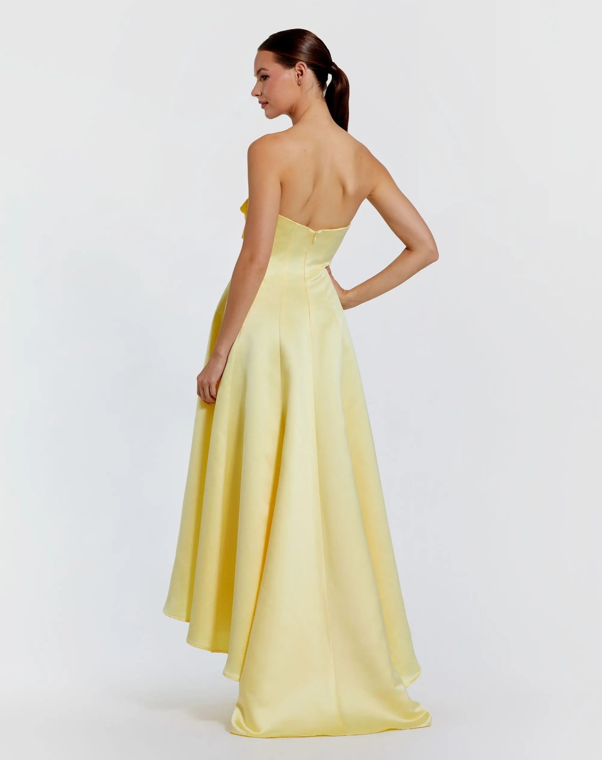 Yellow Strapless Satin High Low Gown With 3D Flowers - Image 3