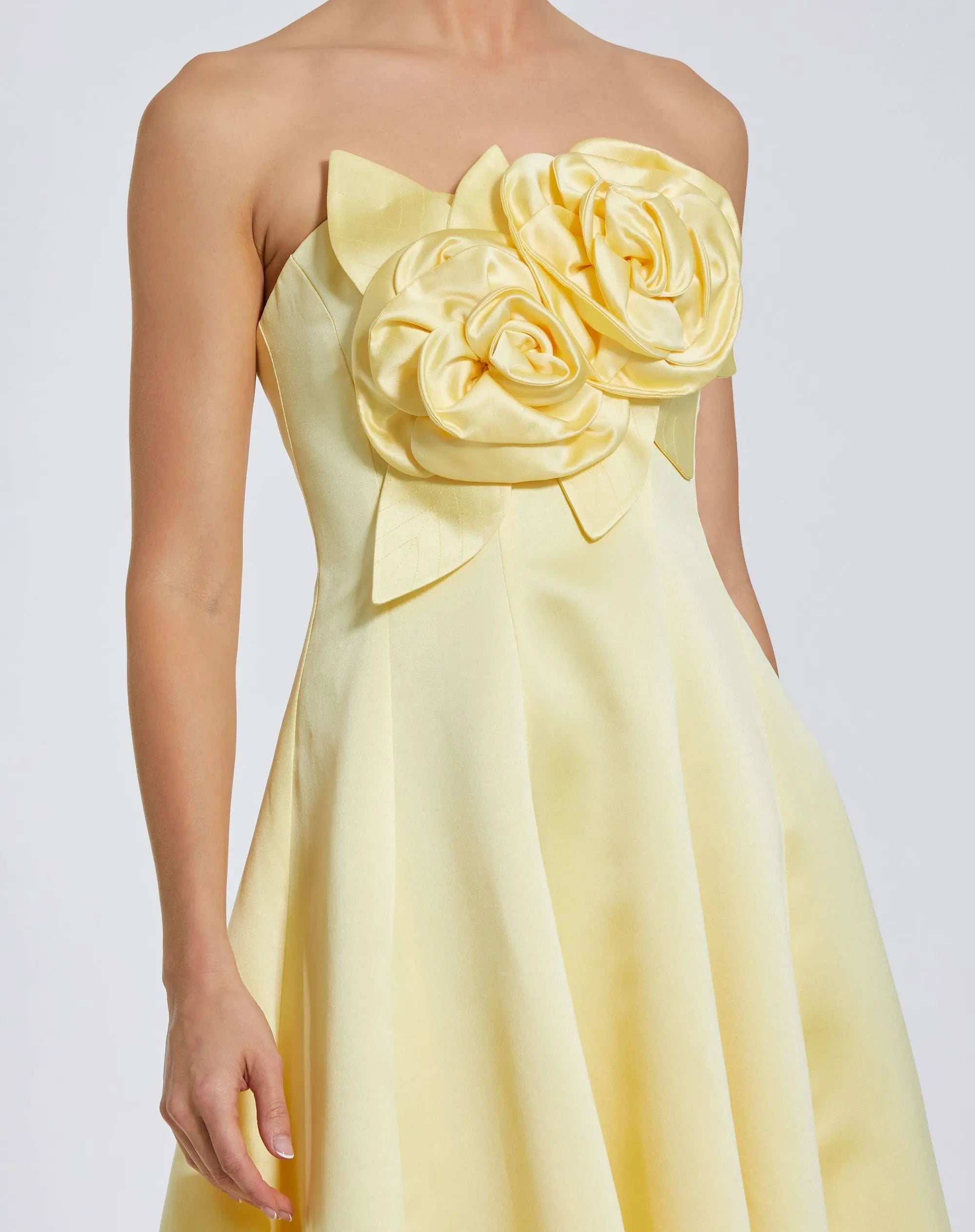 Yellow Strapless Satin High Low Gown With 3D Flowers - Image 2