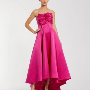 Pink Strapless Satin High Low Gown With 3D Flowers